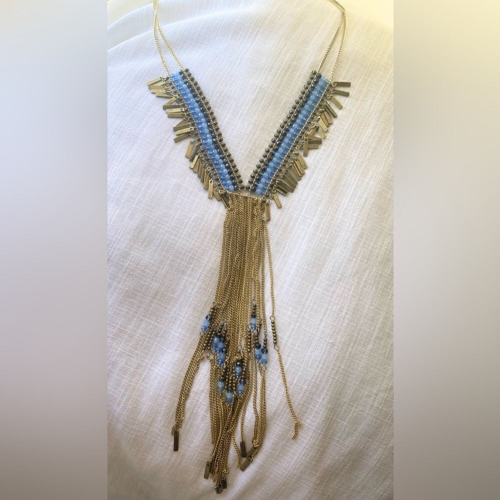 Cleopatras style White House Black Market blue beaded statement necklace